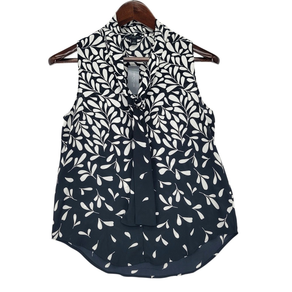 Ann Taylor Women SP Blouse Polyester Black White Botanical Sleeveless Tie Neck‎